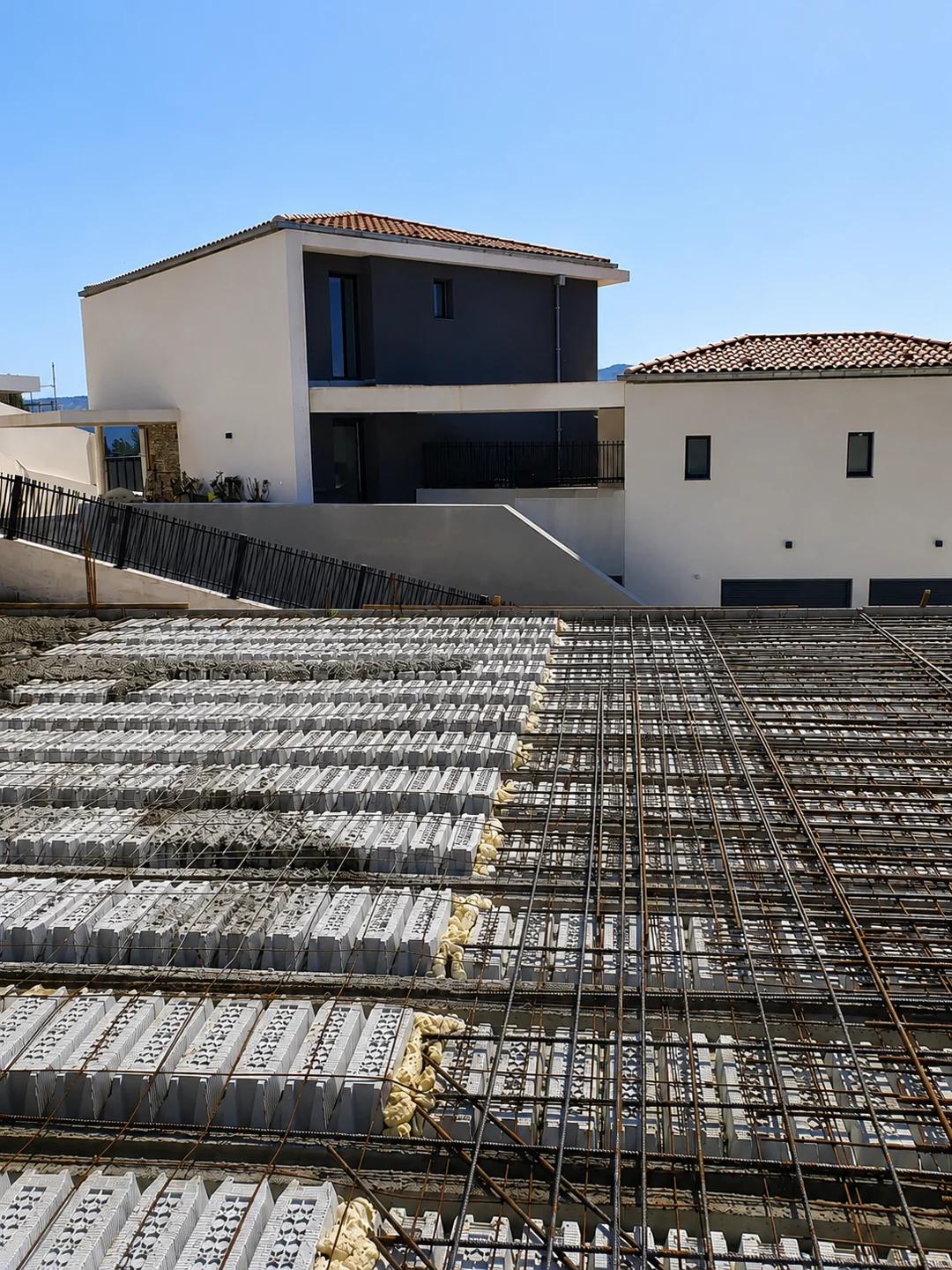 Plancher avec ferraillage sur le chantier de la villa à Vitrolles